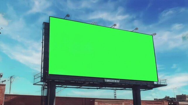 Timelapse - wide blank green billboard or large advertising display. Chroma key, time lapse, green screen, template, mock up and copy space concept