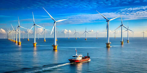Offshore wind turbines in the ocean with boats and equipment for maintenance