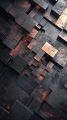 Dark gray and copper abstract  wallpaper with geometric shapes, 3D effect, and metallic textures. It features multiple layers of squares arranged in an array to create depth and movement.