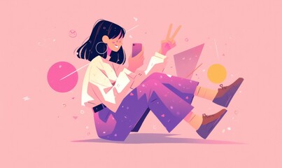 a person sitting atop with a phone, making a peace sign, dressed in purple pants and boots against a vibrant background.