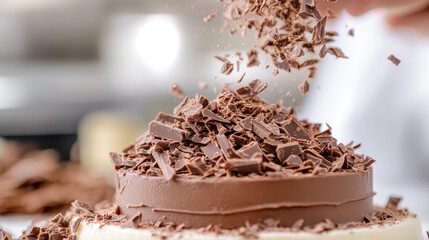 A close up of chocolate being grated over delicious cake, creating rich and indulgent topping that enhances its visual appeal and flavor. scene captures artistry of dessert preparation