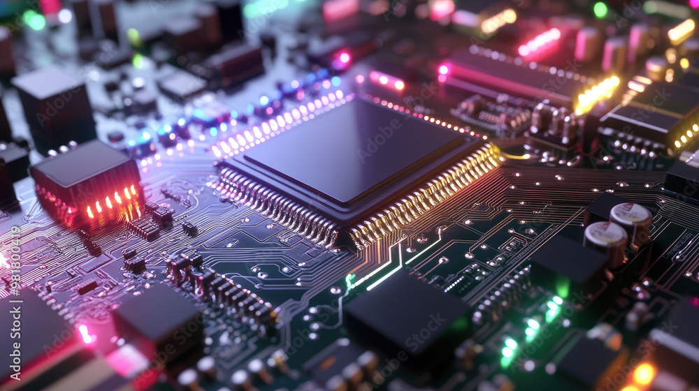 Poster a digital circuit board illuminated by vibrant lights showcases intricate details and advanced techn