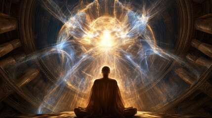 A divine being surrounded by glowing aura radiates light and energy, creating serene and mystical atmosphere. scene evokes sense of peace and enlightenment
