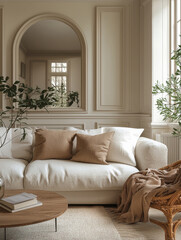 Cozy living room with a white sofa and tan throw blanket.