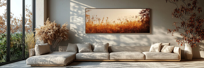Minimalist living room with a large, comfy sofa and a  picture of a golden field.