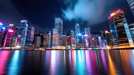 A stunning night scene of vibrant city skyline illuminated by bright lights reflecting on water, showcasing modern architecture and lively atmosphere