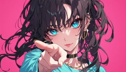 An anime-style girl with black hair and blue eyes, playfully pointing at the viewer against a pink background. She wears a turquoise shirt, gold hoop earrings, and a black choker necklace