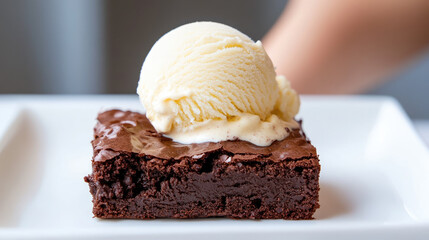 Indulge in rich chocolate brownie topped with creamy vanilla ice cream, creating delightful dessert experience. Perfect for satisfying your sweet cravings!