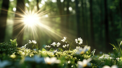 A single ray of sunlight breaking through dense forest illuminates delicate white flowers, creating serene and enchanting atmosphere. scene captures beauty of nature and tranquility of sunlit woodland