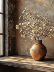 White flowers in a rustic vase on a wooden shelf.