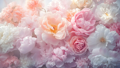 Fototapeta premium Soft, blooming peonies and roses in pastel shades, adding a delicate and feminine touch