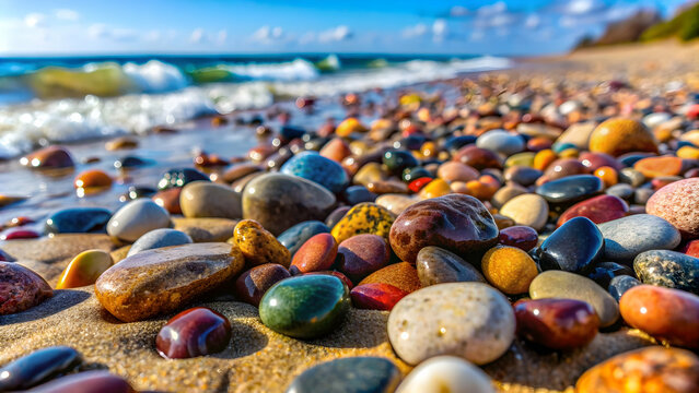 Close-up photo of assorted colorful rocks on a sandy beach , rocks, stones, pebbles, nature, texture, minerals, beach, shore
