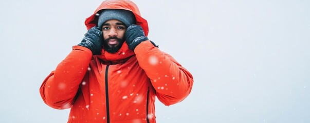 Camper layering clothing for insulation in cold weather, snowstorm backdrop, camping survival, staying warm in extreme conditions