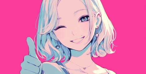 Cheerful anime-style young woman with shoulder-length hair giving a thumbs-up gesture in a minimalist design, featuring ample copy space.
