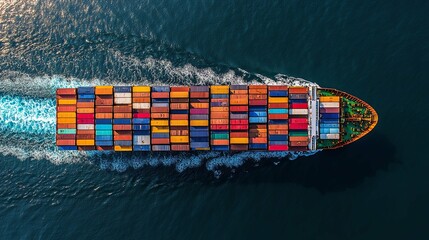 Aerial View of a Cargo Ship with Multicolored Containers Sailing on the Ocean