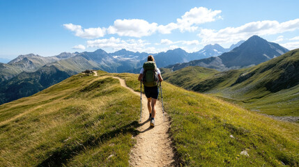 A person is hiking along scenic mountain trail, surrounded by stunning peaks and lush greenery. bright blue sky and fluffy clouds enhance beauty of this outdoor adventure