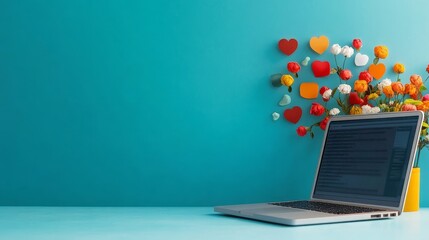 Fototapeta premium Laptop with Flowers and Hearts on a Blue Background showcasing a creative and modern design. The image evokes feelings of love, joy, and creativity.