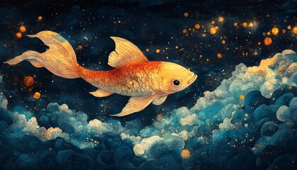 Fototapeta premium Majestic goldfish swimming in a mystical oceanic nightscape