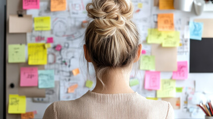 Creative woman in tech office, sketching ideas on wall filled with colorful sticky notes. Her focused expression reflects innovation and inspiration in collaborative environment