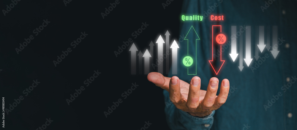 Poster visual representation of cost management with quality and cost indicators, illustrating business str