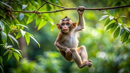 Fototapeta premium Playful monkey swinging on tree branches in the jungle, wildlife, animal, mammal, nature, primate, tropical, forest, adventure