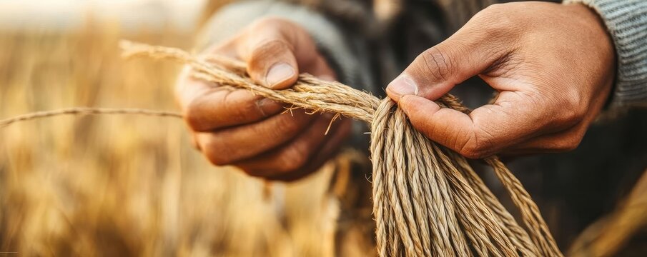 Person braiding cordage from plant fibers, camping survival, primitive crafting skills