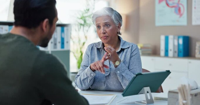 Healthcare, doctor and explaining of diagnosis, clinic and results of checkup, patient and consultation. Talking, info and update of medicine, medical professional and person in hospital or treatment