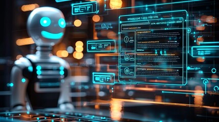 Fototapeta premium A futuristic robot interacts with glowing digital interfaces, showcasing advanced technology and engaging user experience.