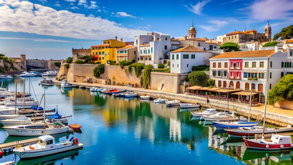 Obraz premium View of charming old town Ciutadella port with boats and colorful buildings on a sunny day in Menorca, Spain , Ciutadella, port