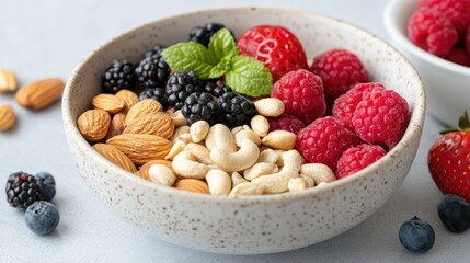 A colorful bowl of fresh berries and nuts, garnished with a mint leaf, showcasing a healthy and vibrant snack option.