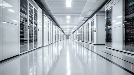 Obraz premium A long, narrow hallway lined with rows of server racks in a modern data center