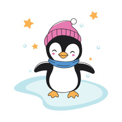 Cute Penguin Animal Character Wearing Hat Scarf Warm Clothes Standing on Polar Ice While Smiling