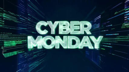 A vibrant digital background showcases "CYBER MONDAY" in bold, glowing letters against a dark backdrop of streaming code, enhancing the excitement of online sales and promotions.