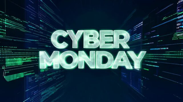 A vibrant digital background showcases "CYBER MONDAY" in bold, glowing letters against a dark backdrop of streaming code, enhancing the excitement of online sales and promotions.