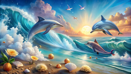 Whimsical ocean scene with talking dolphins, magical waves, and enchanted seashells, whimsical