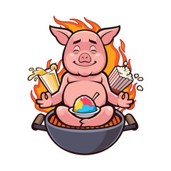 Mascot design of a Pig doing Yoga on a BBQ Grill
