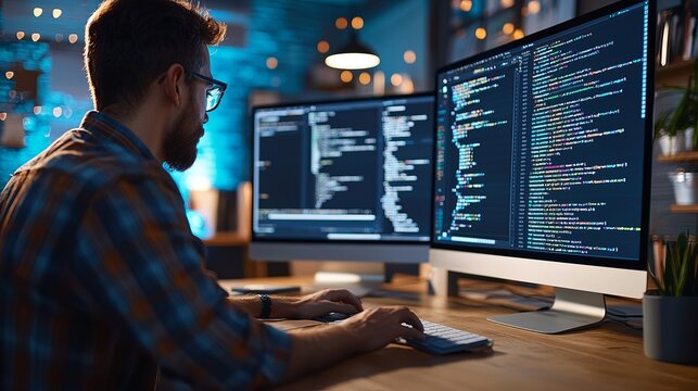 A programmer working late at night in a modern workspace, focused on coding, surrounded by creative lighting and technology.