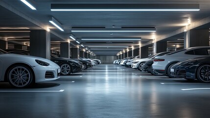 Rows of Cars Parked in a Modern Underground Garage