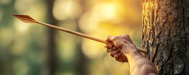 Person practicing spear throwing at a tree target, camping survival, primitive weapon skills