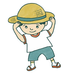 麦わら帽子を被る子供のイラスト