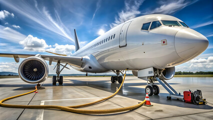 Airplane being refueled with connected fuel hose under the wing, aircraft, aviation, refueling, fuel hose, transportation