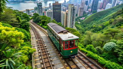 Naklejka premium Green tram on Victoria Peak slope in Hong Kong ascending towards observation deck, tram, Victoria Peak, Hong Kong, slope