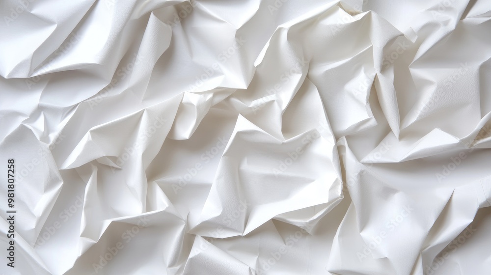 Poster a close-up of crinkled white paper, showcasing intricate folds and textures, creating a dynamic and 