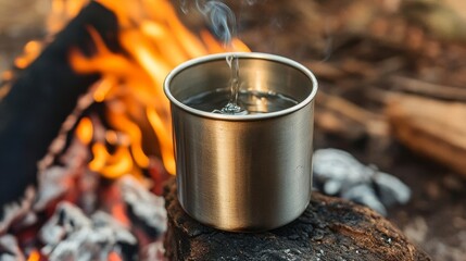 Survivalist boiling water in a metal cup over a small fire, isolated campsite, camping survival, water purification techniques