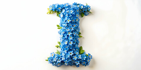 Initial letter I surrounded by blue flowers, blue, flowers, letter, initial, typography, nature, botanical, design, vintage