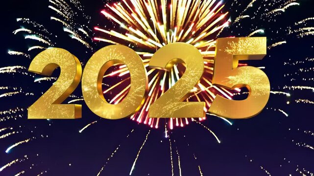 Celebrate the new year with a vibrant scene showcasing "2025" in shiny gold, surrounded by dazzling fireworks. image embodies joy and new beginnings, perfect for seasonal promotions and greetings.