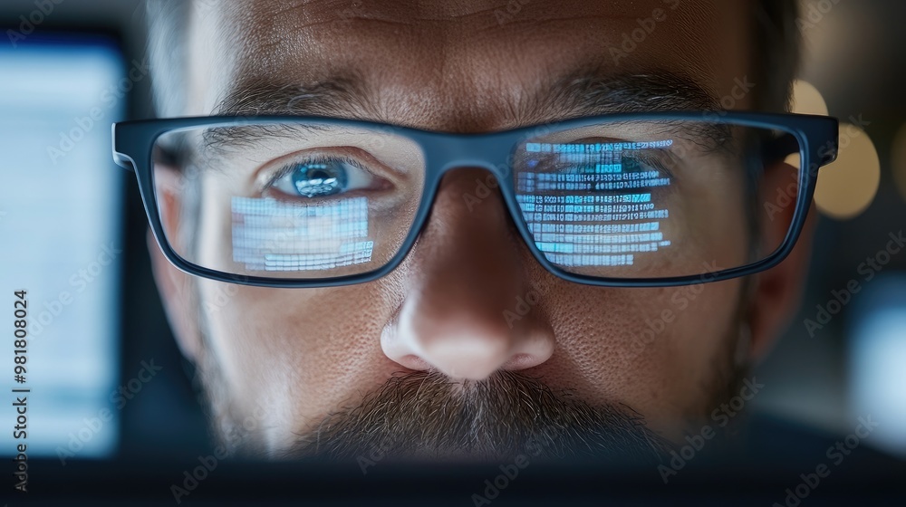 Poster a close-up of a man wearing glasses, staring intently at a screen, with computer code reflected in h