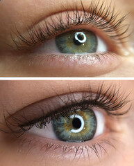 permanent eyeliner makeup close up. Healthy and clean skin young woman, collage before and after procedure