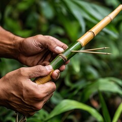 Survivalist crafting a blowgun with bamboo and darts, jungle setting, camping survival, creative hunting tools