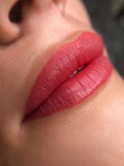 Fototapeta premium permanent makeup on the lips of a young woman of a delicate peach shade close-up, a girl after a cosmetic procedure with smooth and clean healthy skin. 